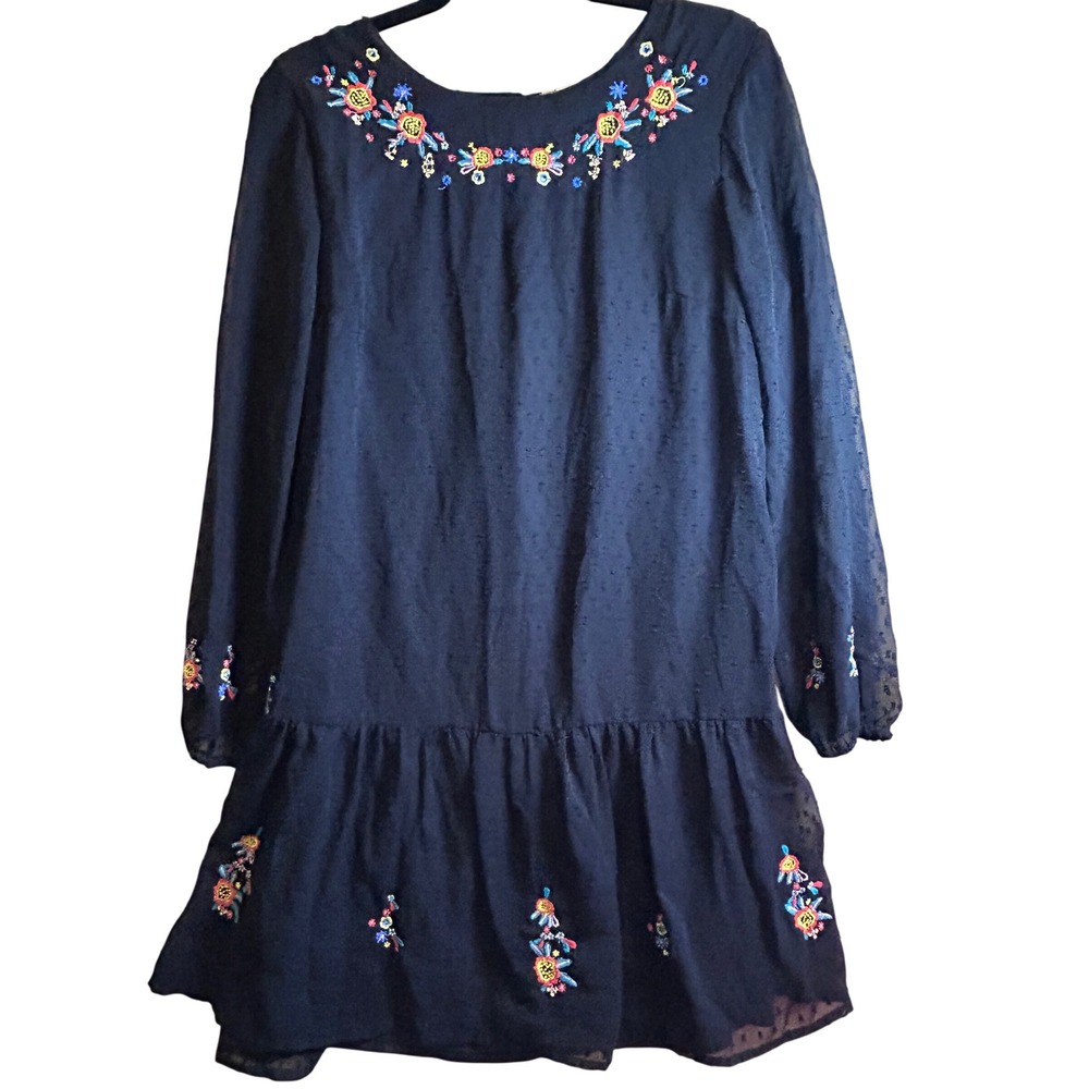 Japna Black Embroidered Flower Mini Dress Long Sleeve Ruffle‎ Size M